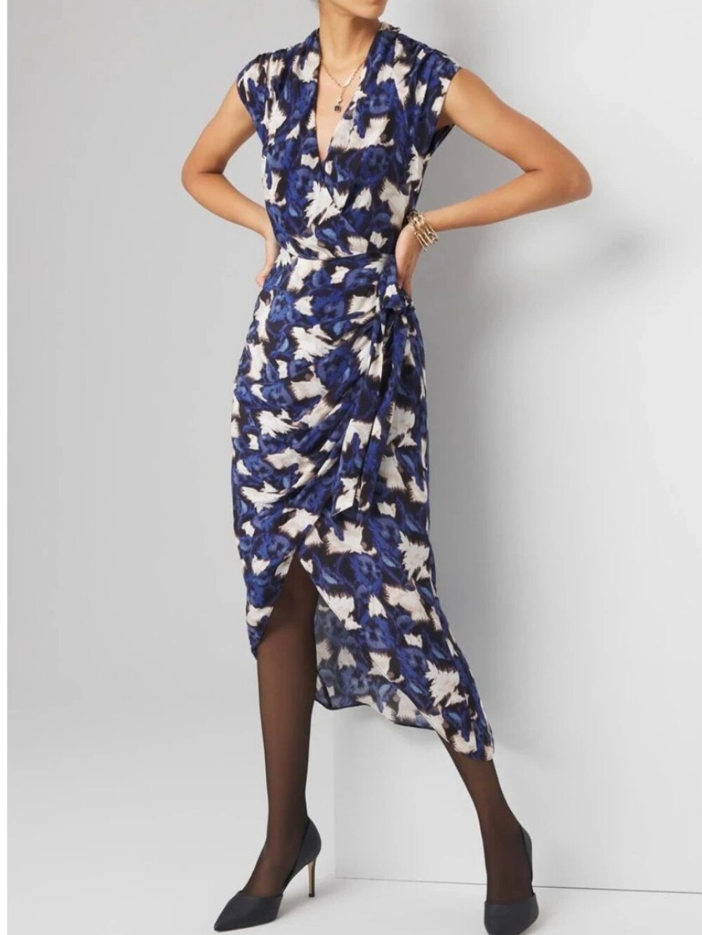 White House Black Market Blue and White Floral Midi Wrap Dress Size 10 New